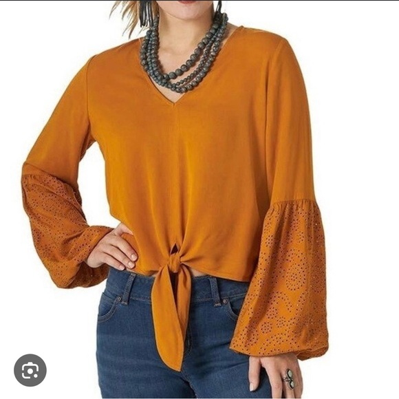 Wrangler Orange Bishop Sleeve Tie-Front Blouse - Picture 1 of 3